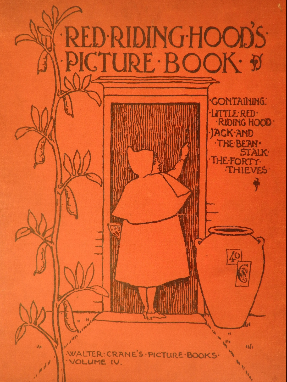 Picture book cover in red showing Red Hiding Hood knocking at a door